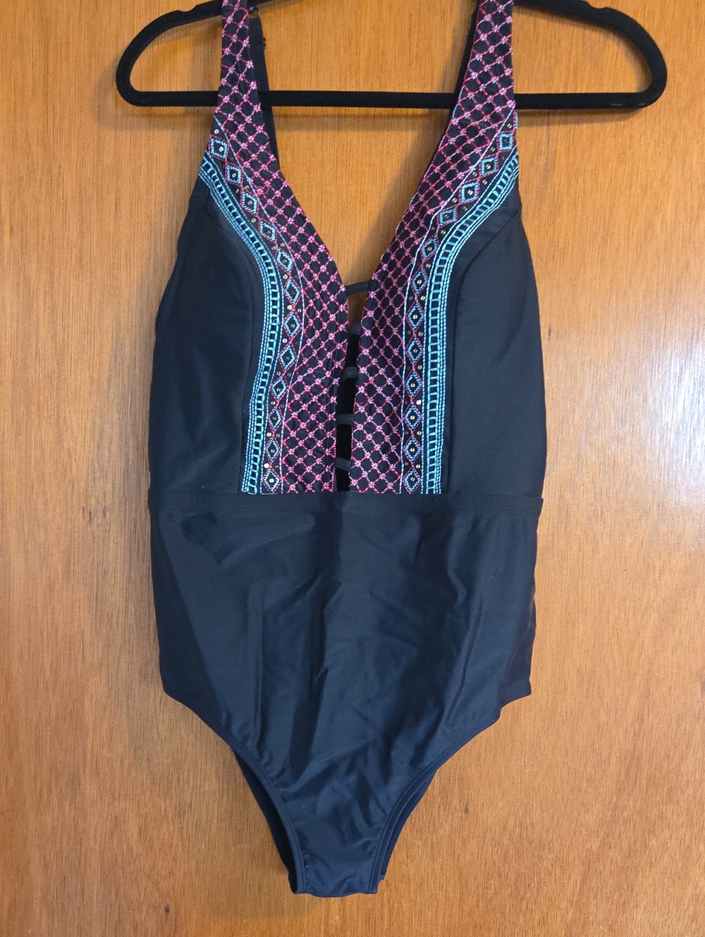 Costa Black One-Piece Swimsuit with Pink & Teal Embroidered Trim